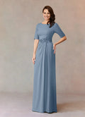Stylish Elegant Dusty Blue Crepe A-Line Floor-Length Mother of the Bride Dress