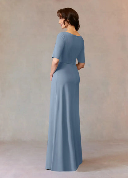 Stylish Elegant Dusty Blue Crepe A-Line Floor-Length Mother of the Bride Dress