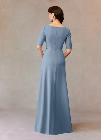 Stylish Elegant Dusty Blue Crepe A-Line Floor-Length Mother of the Bride Dress