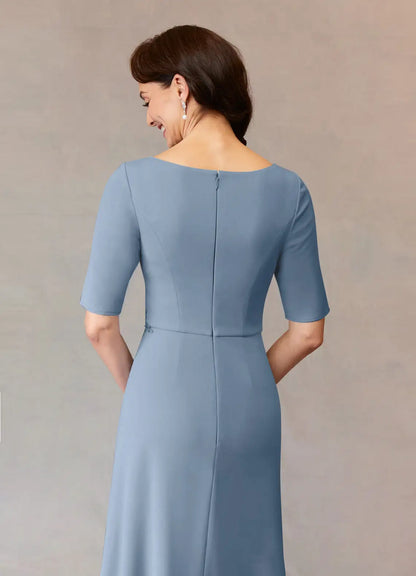 Stylish Elegant Dusty Blue Crepe A-Line Floor-Length Mother of the Bride Dress