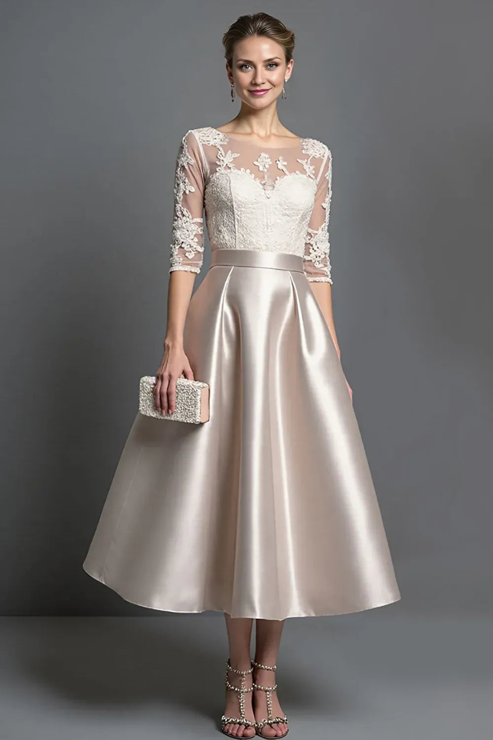 Elegant Champagne Satin A-Line Long Sleeve Tea-Length Mother of the Bride Dress