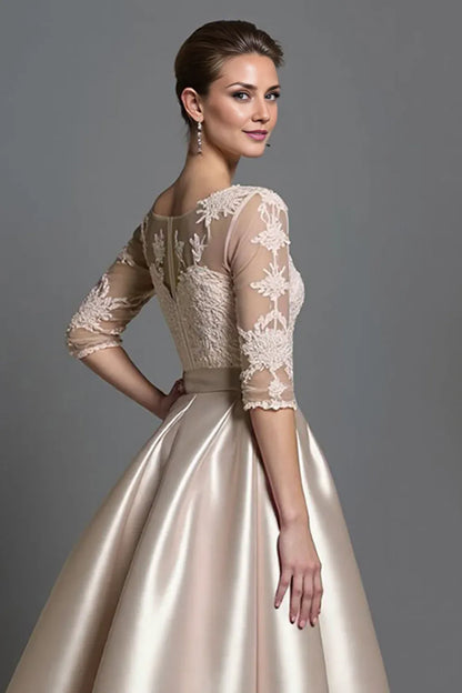 Elegant Champagne Satin A-Line Long Sleeve Tea-Length Mother of the Bride Dress