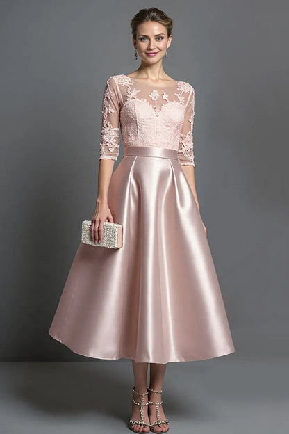 Elegant Champagne Satin A-Line Long Sleeve Tea-Length Mother of the Bride Dress