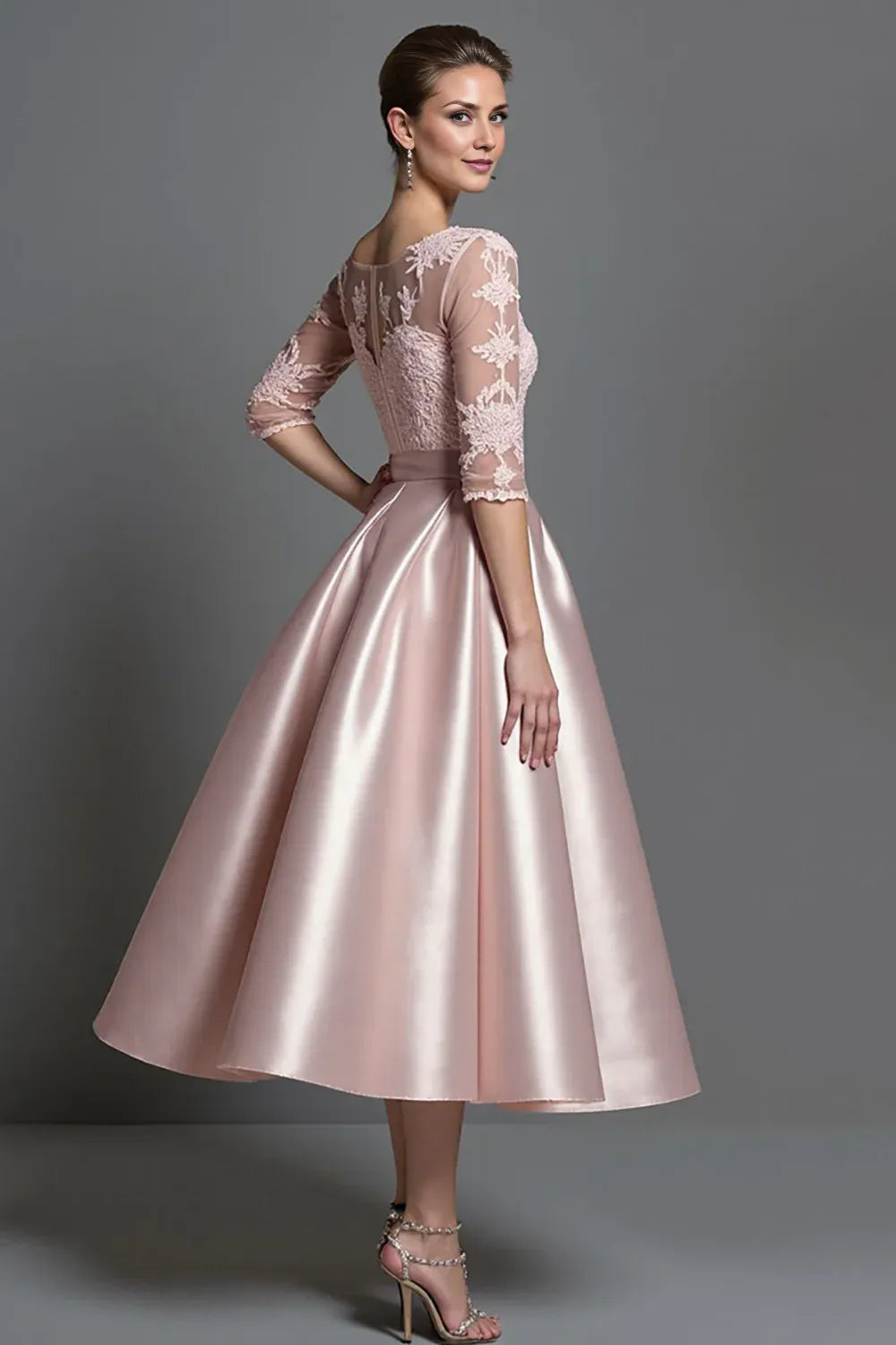 Elegant Champagne Satin A-Line Long Sleeve Tea-Length Mother of the Bride Dress