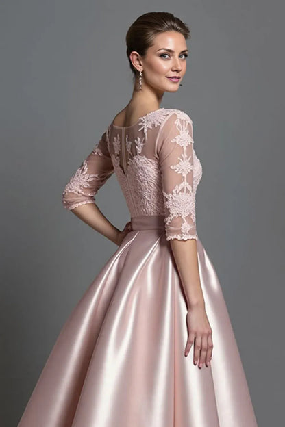 Elegant Champagne Satin A-Line Long Sleeve Tea-Length Mother of the Bride Dress