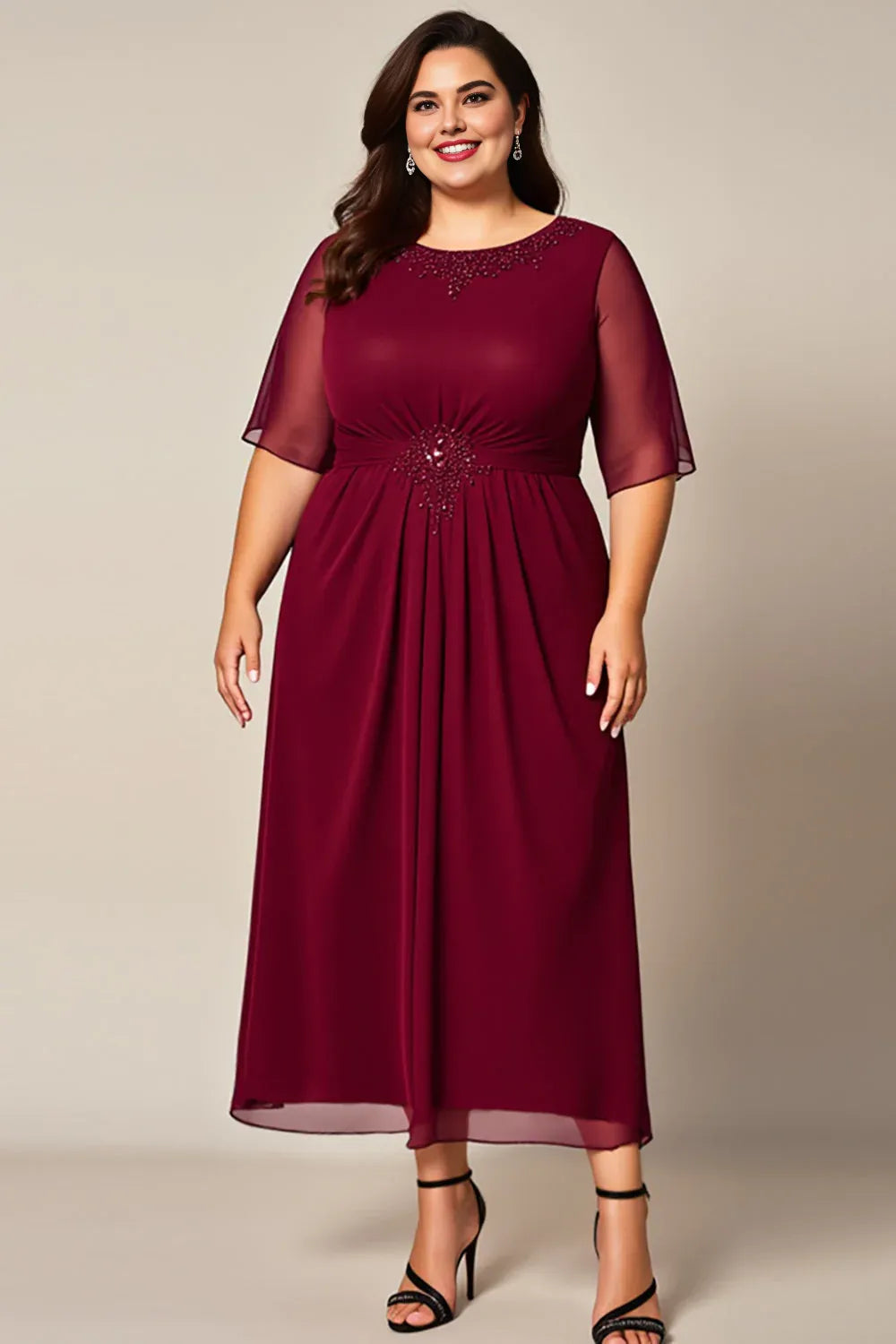 Elegant Burgundy Chiffon A-Line Short Sleeve Floor-Length Mother of the Bride Dress
