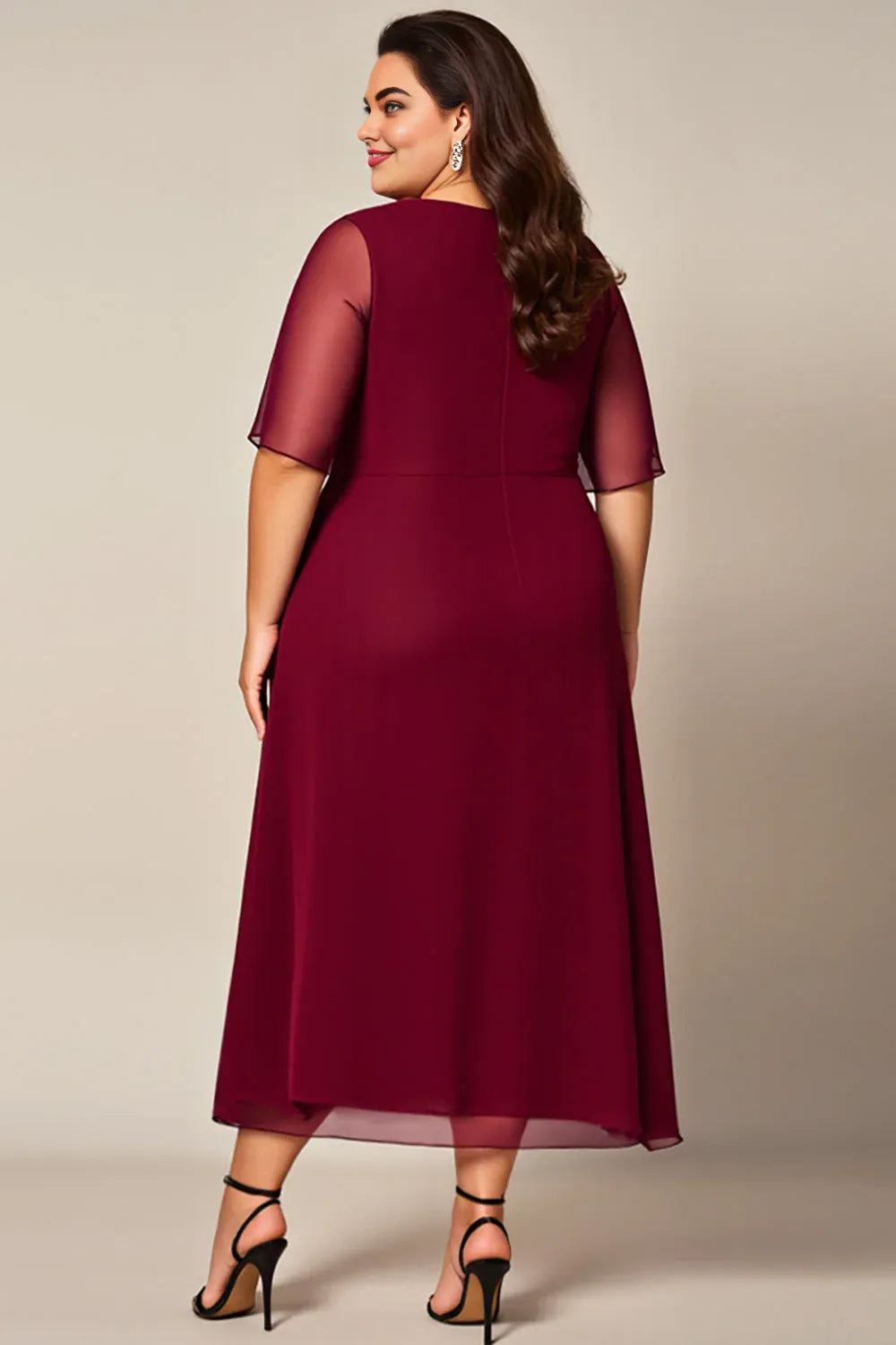 Elegant Burgundy Chiffon A-Line Short Sleeve Floor-Length Mother of the Bride Dress