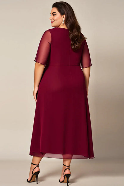 Elegant Burgundy Chiffon A-Line Short Sleeve Floor-Length Mother of the Bride Dress