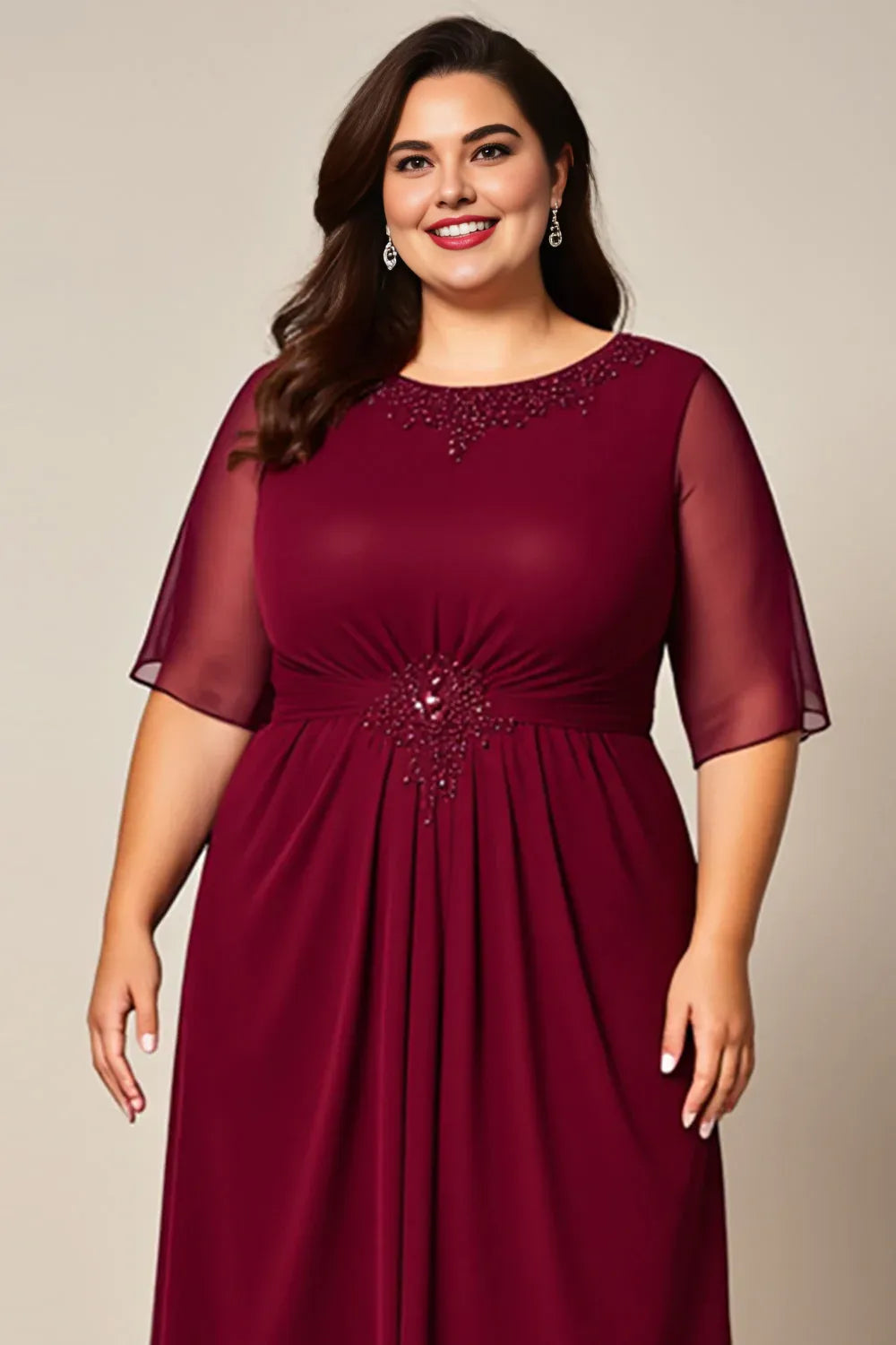 Elegant Burgundy Chiffon A-Line Short Sleeve Floor-Length Mother of the Bride Dress