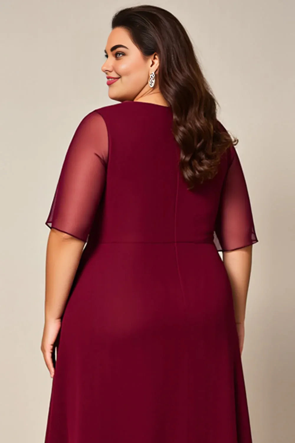 Elegant Burgundy Chiffon A-Line Short Sleeve Floor-Length Mother of the Bride Dress