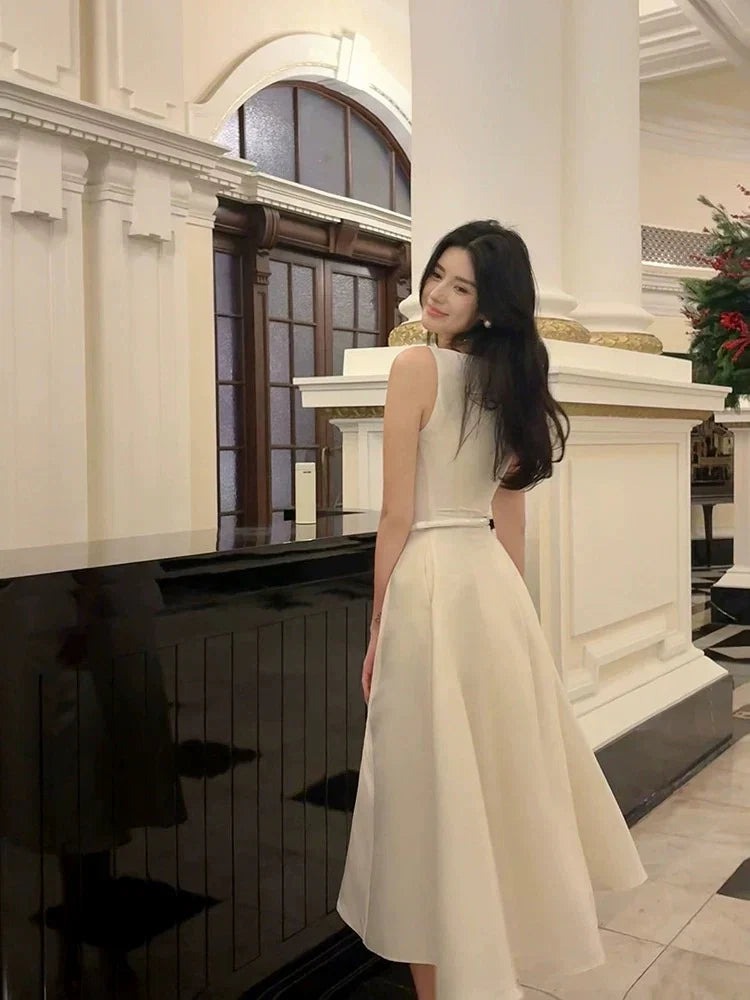 Ivory Boat Neck Sleeveless Belted Midi Prom Dress