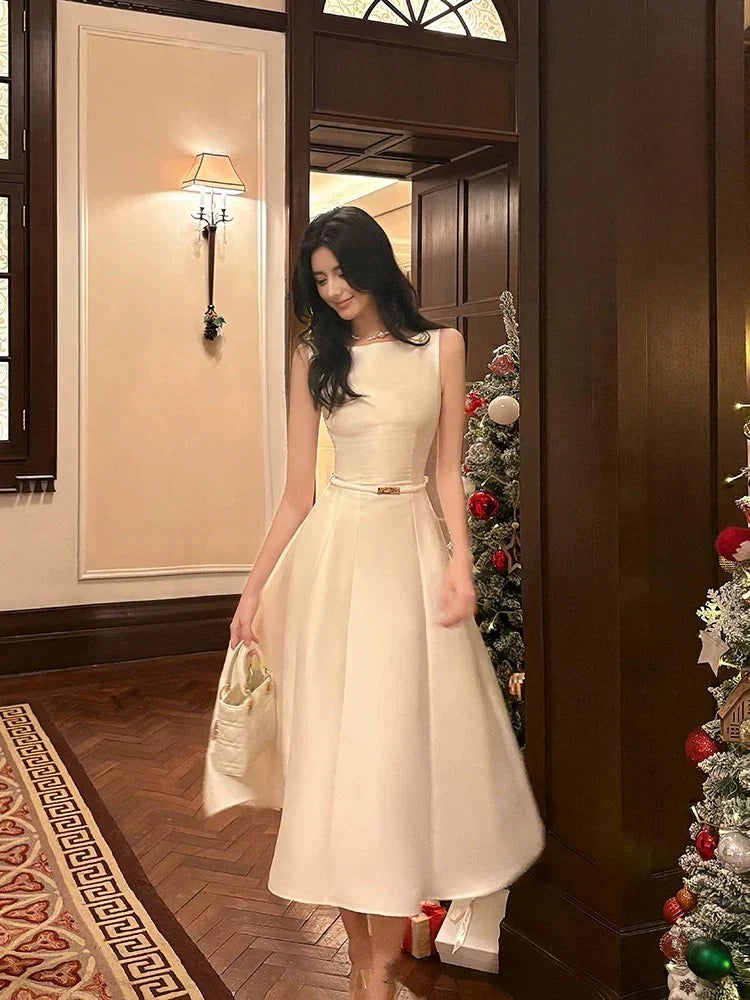 Ivory Boat Neck Sleeveless Belted Midi Prom Dress