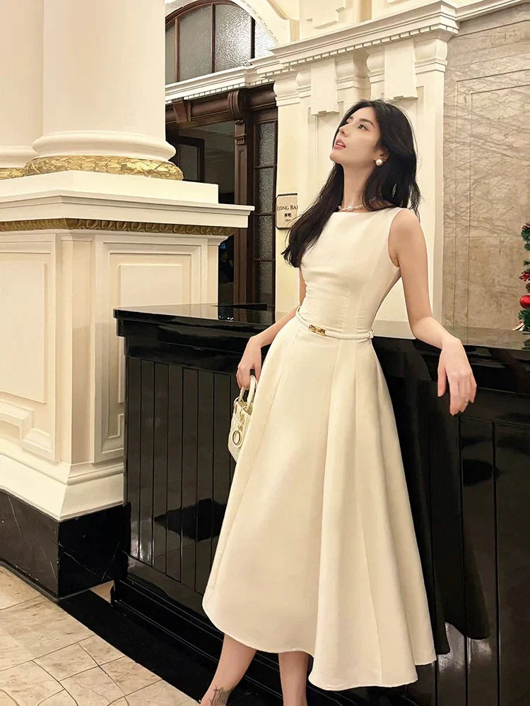 Ivory Boat Neck Sleeveless Belted Midi Prom Dress