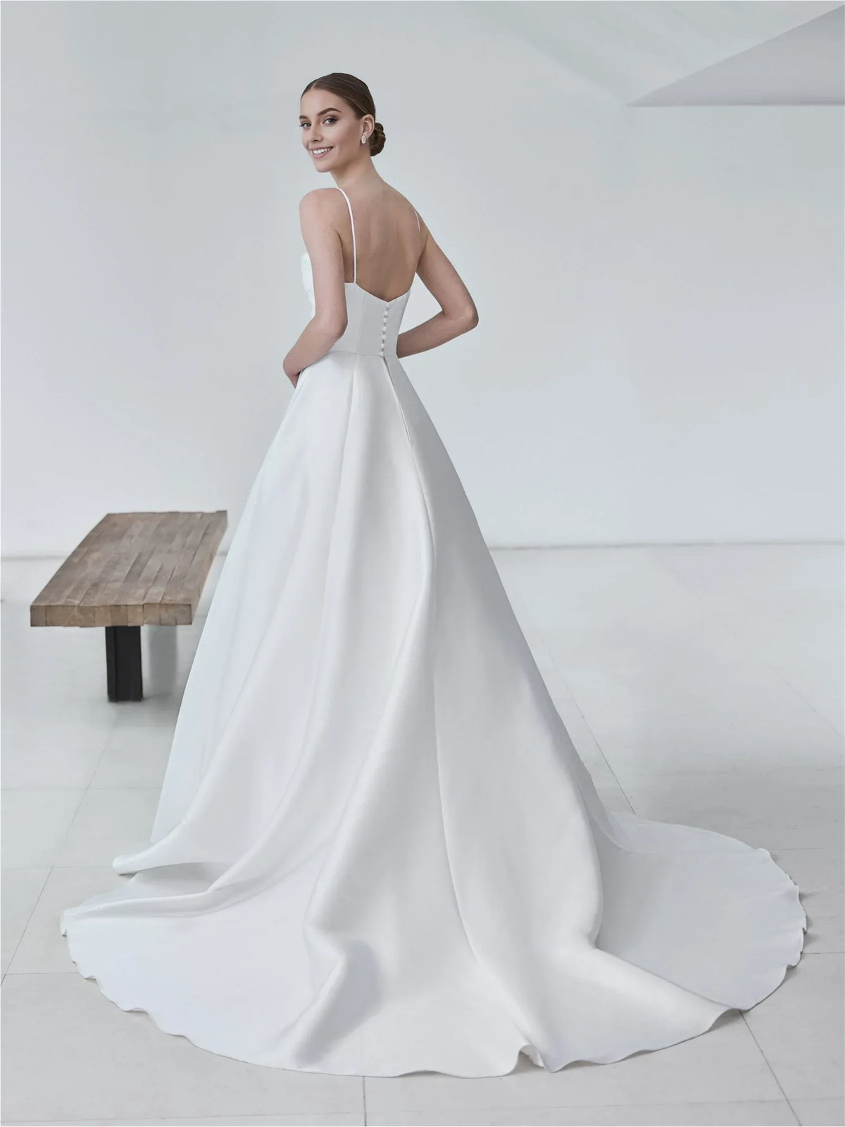 Cowl-Neck Spaghetti-Strap Button-Back Sweep/Brush Train Wedding Dress for bride