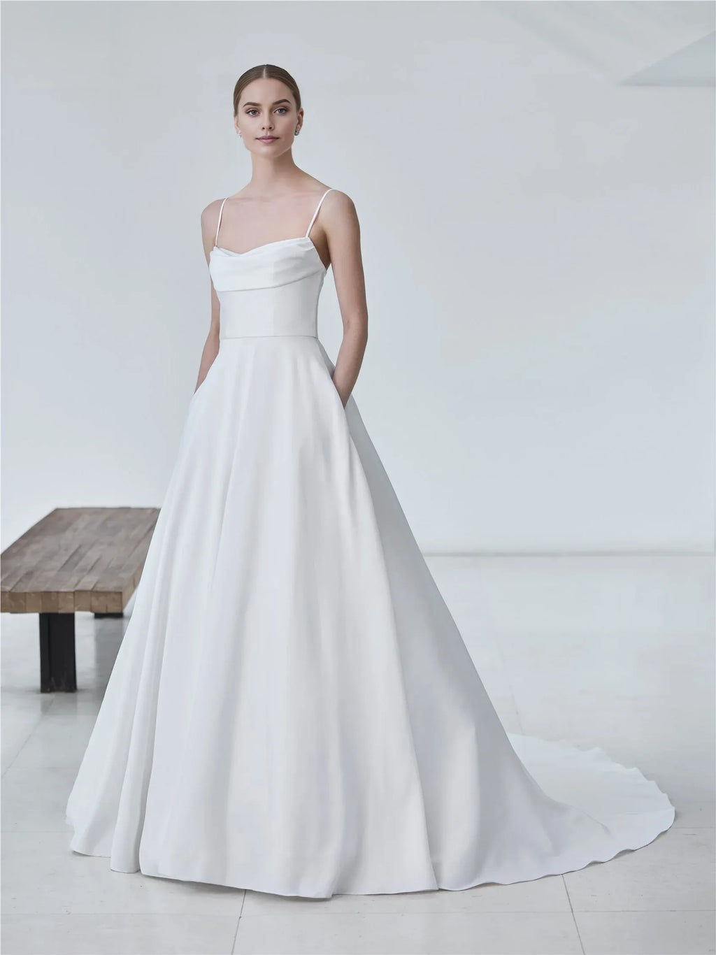 Cowl-Neck Spaghetti-Strap Button-Back Sweep/Brush Train Wedding Dress for bride