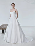Cowl-Neck Spaghetti-Strap Button-Back Sweep/Brush Train Wedding Dress for bride