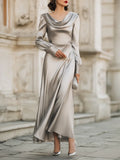 Silver Cowl Neck Bishop Sleeve Floor-Length Prom Dresses