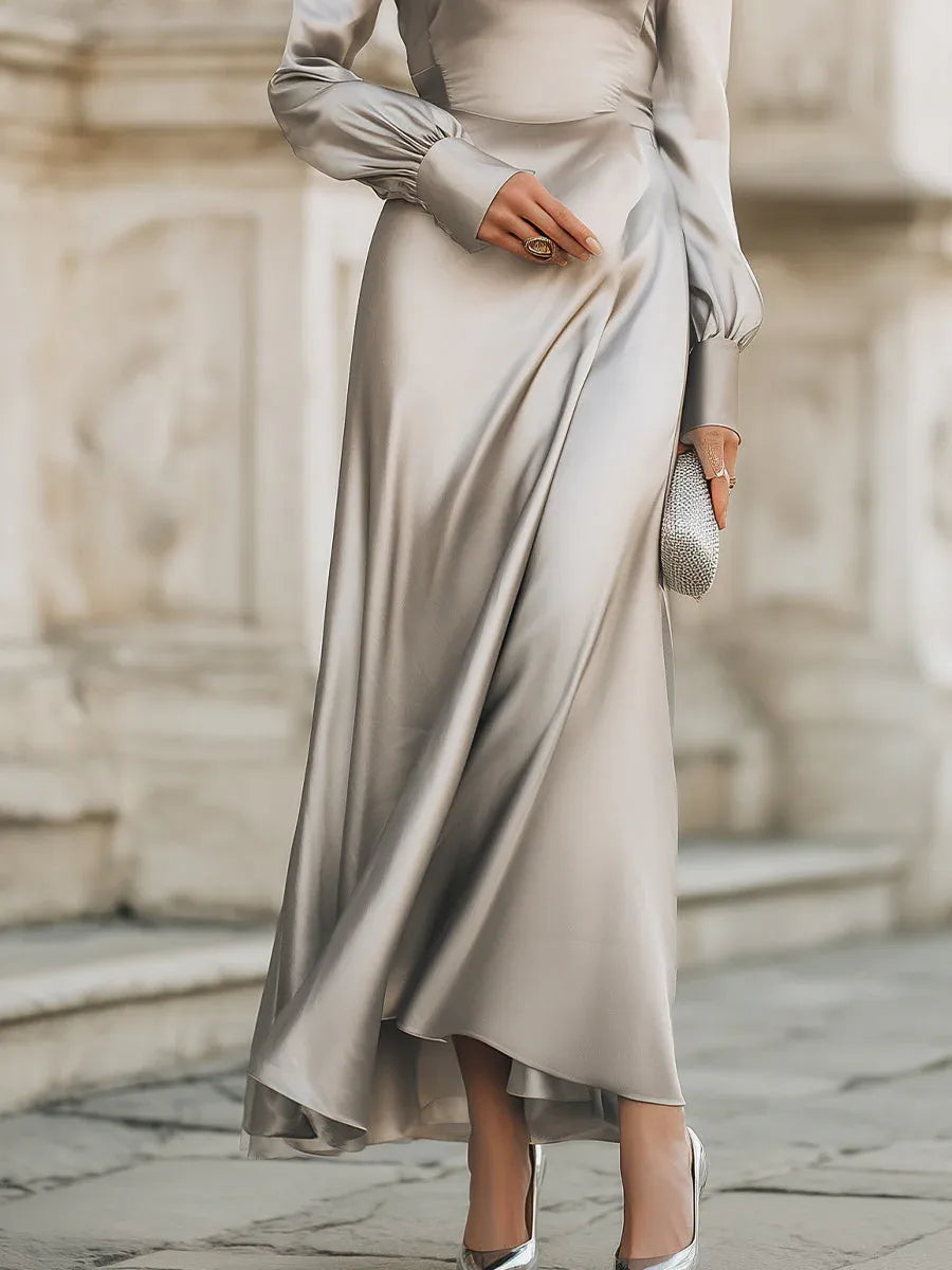 Silver Cowl Neck Bishop Sleeve Floor-Length Prom Dresses