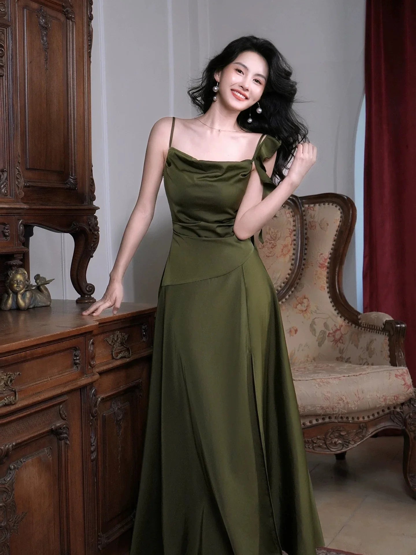 Cowl Neck Sleeveless Ruffled Olive Maxi Prom Dress