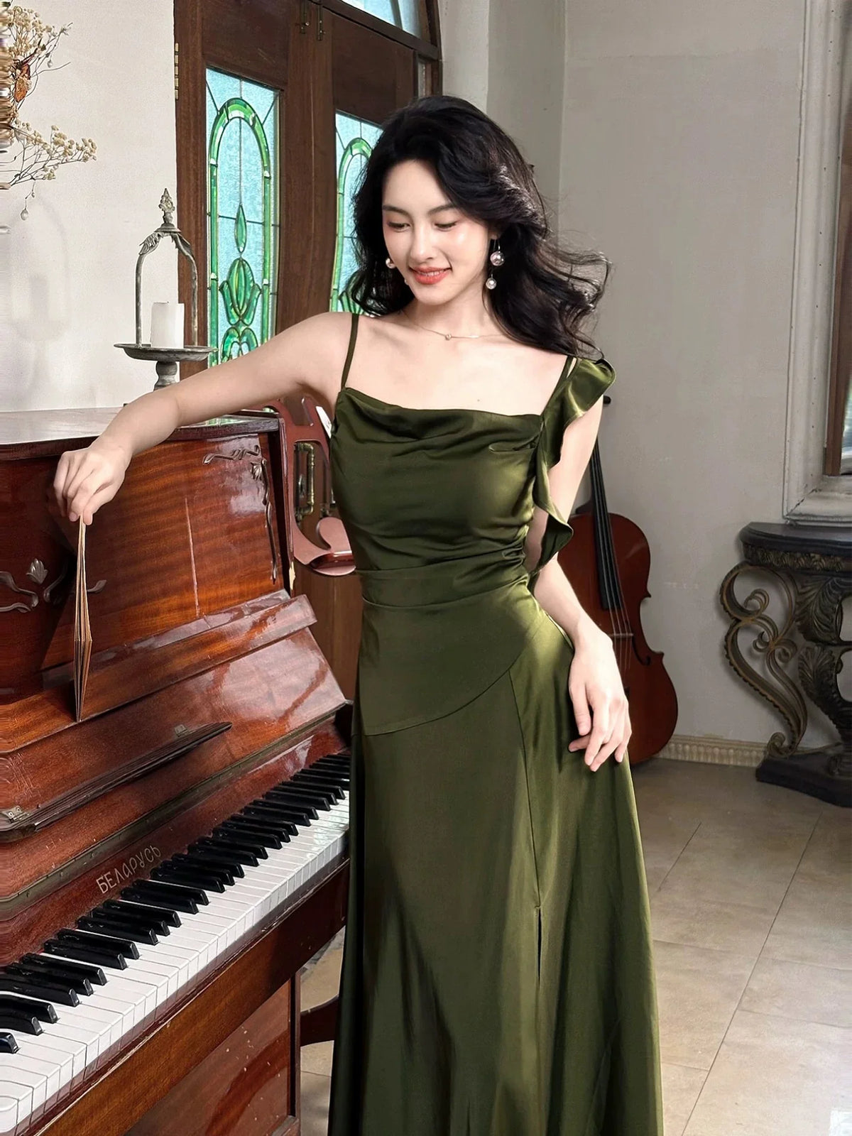 Cowl Neck Sleeveless Ruffled Olive Maxi Prom Dress