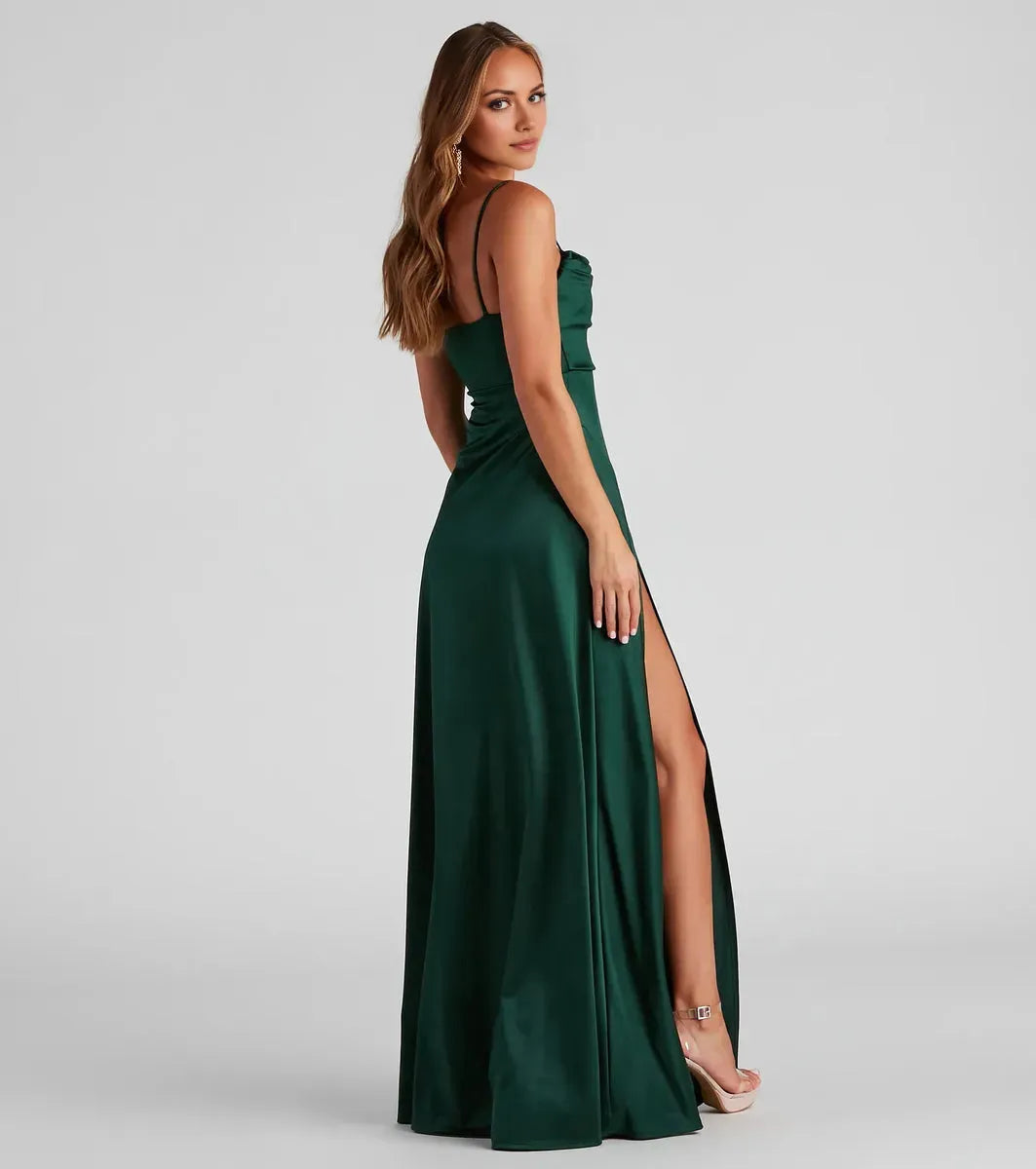 Cowl Neck Spaghetti Straps Back Zip pleated High Front Slit Floor-Length Prom Dresses
