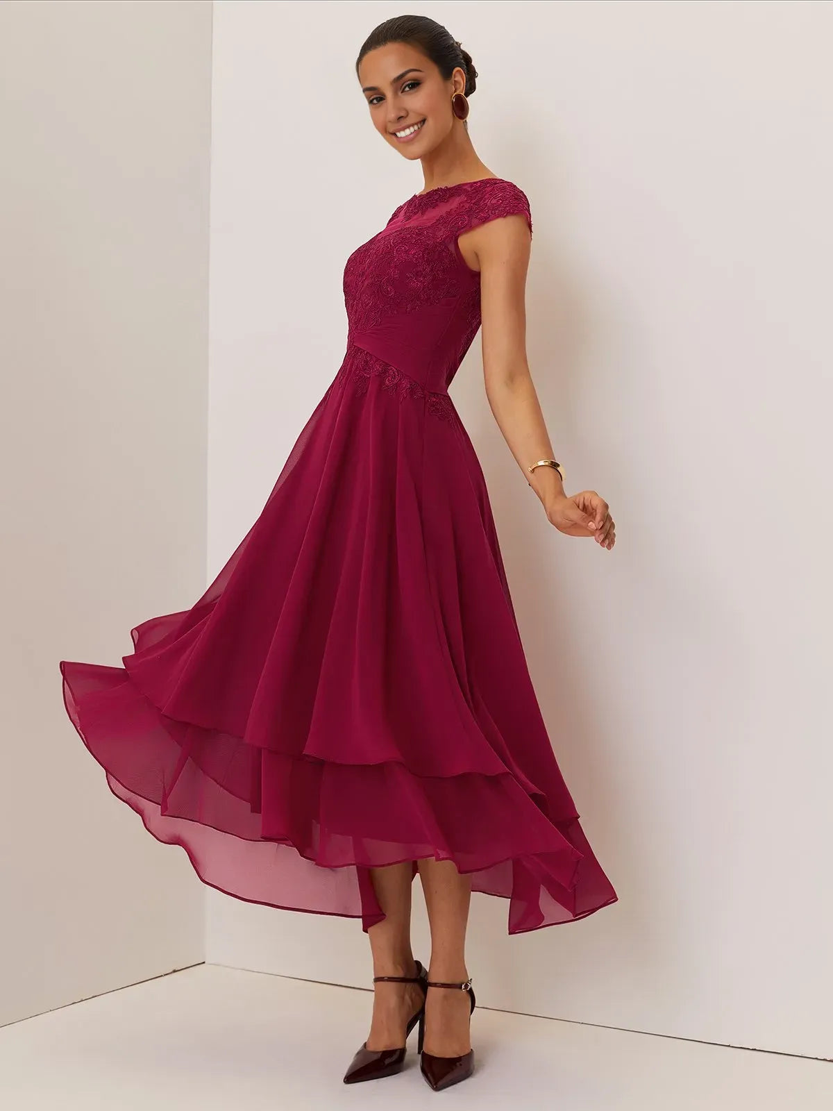 Special Occasion Sophisticated Graceful Stylish Refined Elegant Burgundy Chiffon A-Line Evening Dress