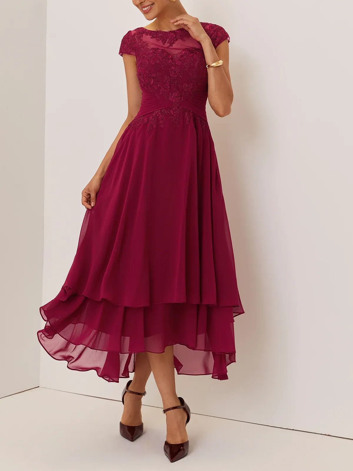 Special Occasion Sophisticated Graceful Stylish Refined Elegant Burgundy Chiffon A-Line Evening Dress