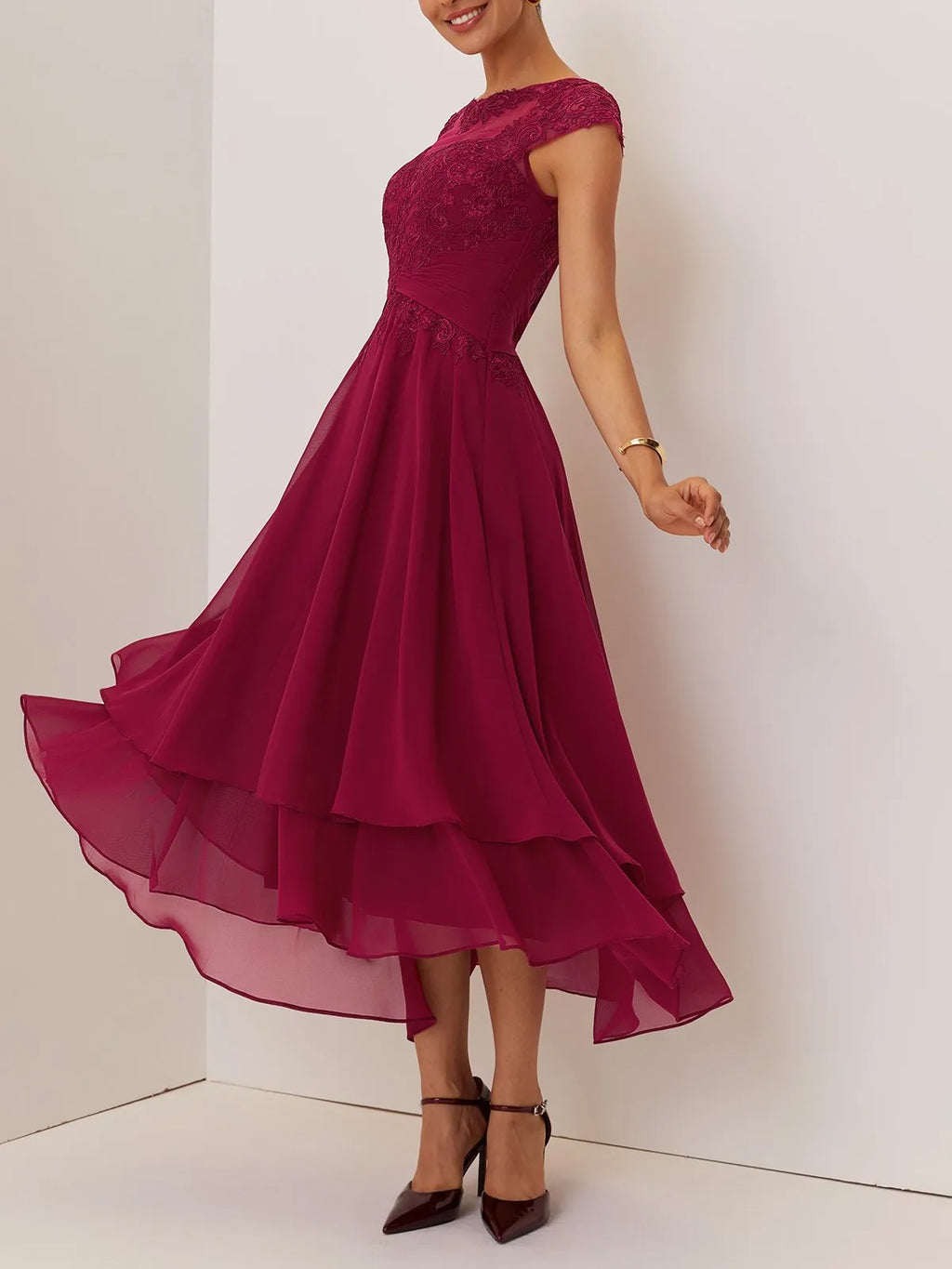 Special Occasion Sophisticated Graceful Stylish Refined Elegant Burgundy Chiffon A-Line Evening Dress