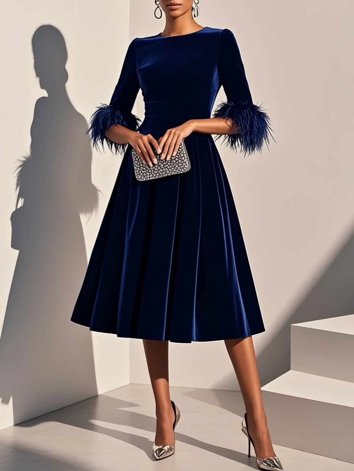 Graceful Stylish Refined Beautiful Elegant Navy Blue Velvet A-Line Tea-Length Prom Dress