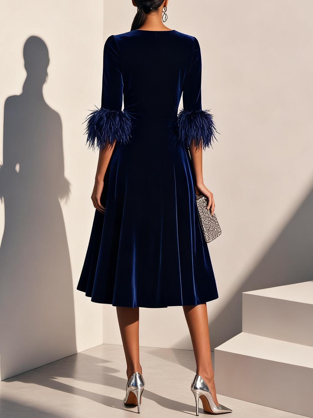 Graceful Stylish Refined Beautiful Elegant Navy Blue Velvet A-Line Tea-Length Prom Dress