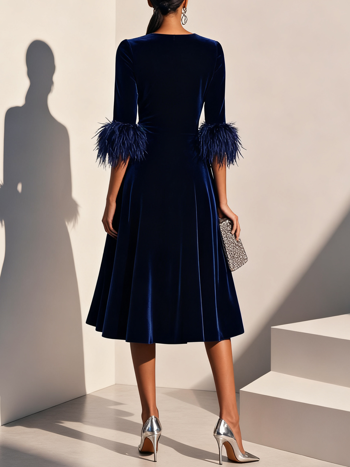 Graceful Stylish Refined Beautiful Elegant Navy Blue Velvet A-Line Tea-Length Prom Dress