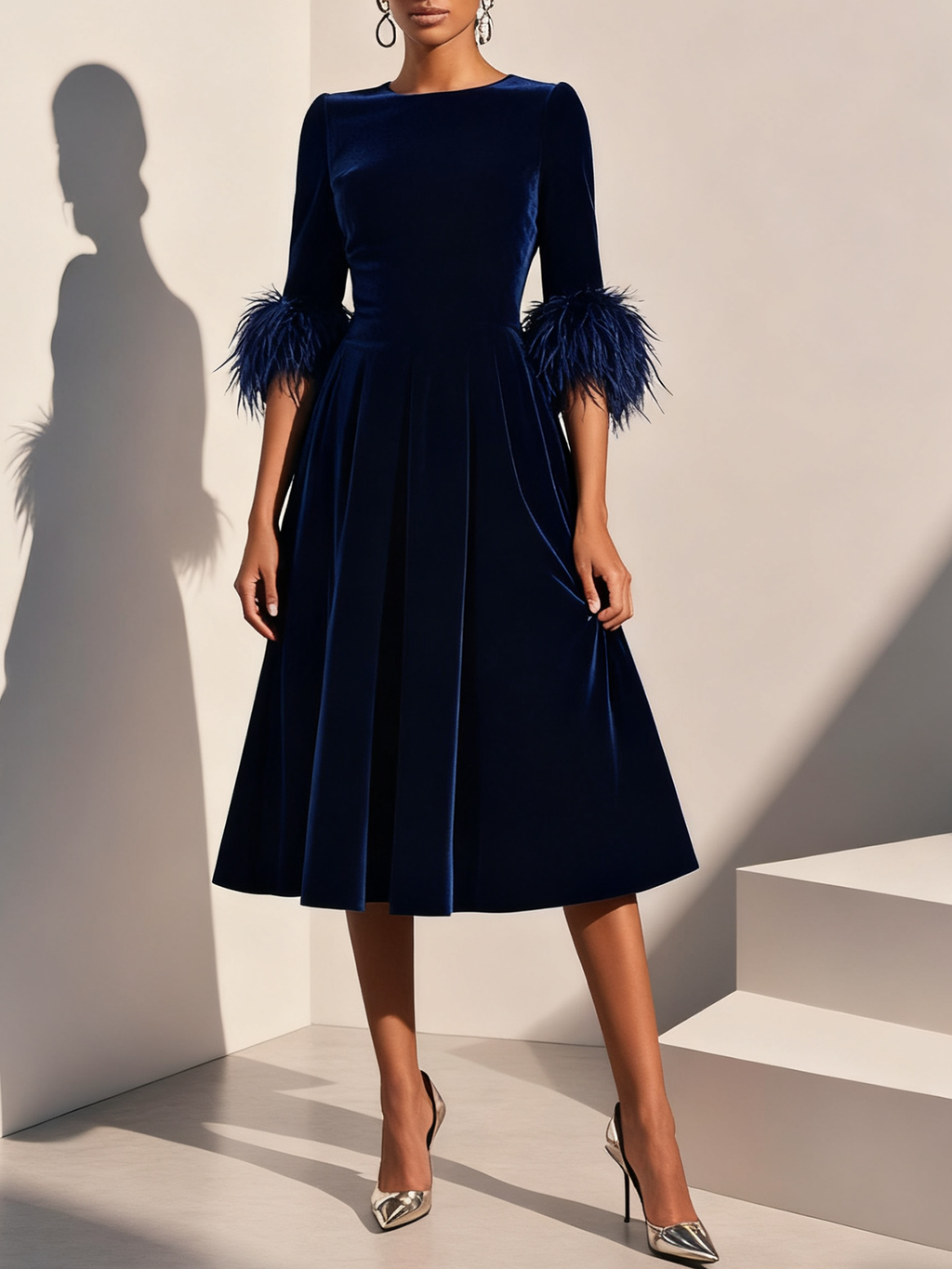 Graceful Stylish Refined Beautiful Elegant Navy Blue Velvet A-Line Tea-Length Prom Dress