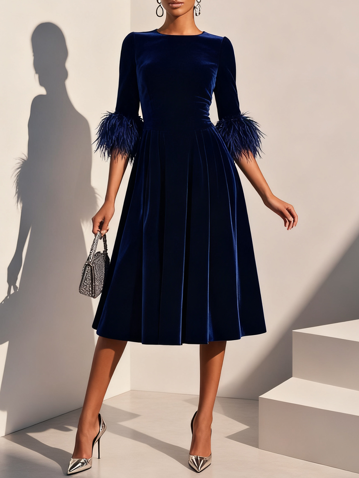 Graceful Stylish Refined Beautiful Elegant Navy Blue Velvet A-Line Tea-Length Prom Dress