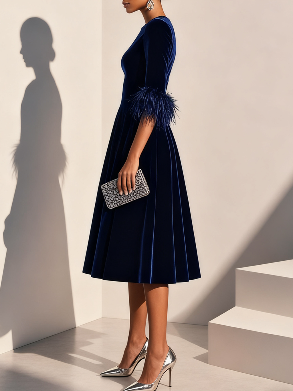 Graceful Stylish Refined Beautiful Elegant Navy Blue Velvet A-Line Tea-Length Prom Dress