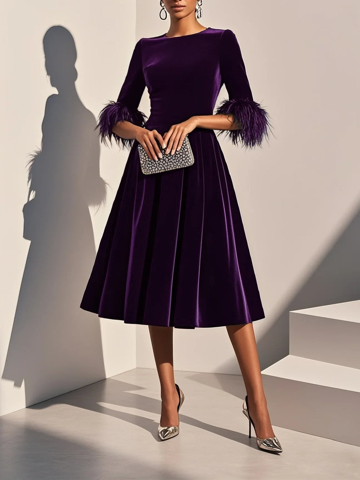 Graceful Stylish Refined Beautiful Elegant Navy Blue Velvet A-Line Tea-Length Prom Dress