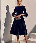 Graceful Stylish Refined Beautiful Elegant Navy Blue Velvet A-Line Tea-Length Prom Dress