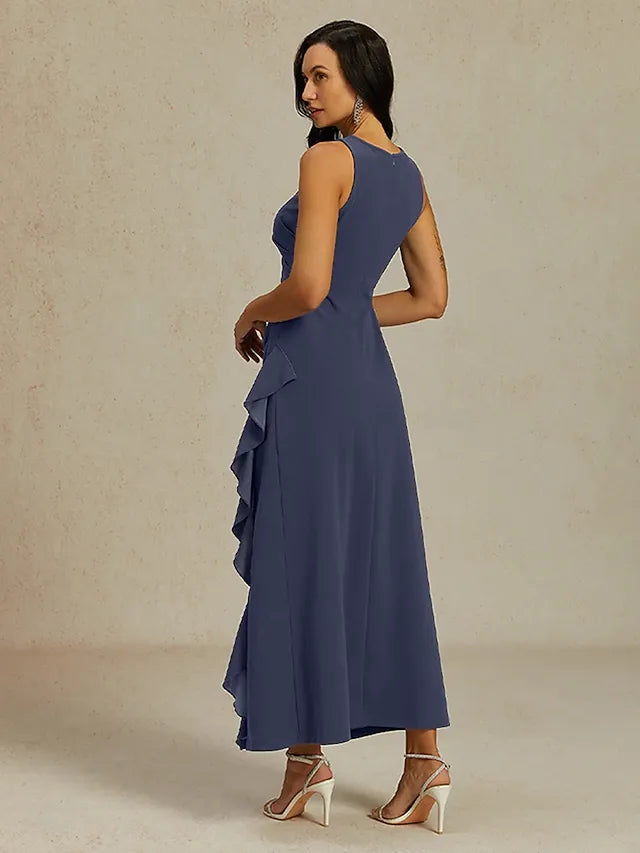 Blue Crew Neck Sleeveless Ruffled Dusty Maxi Prom Dress