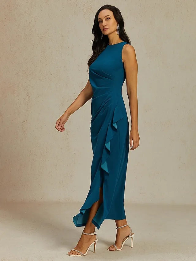 Blue Crew Neck Sleeveless Ruffled Dusty Maxi Prom Dress