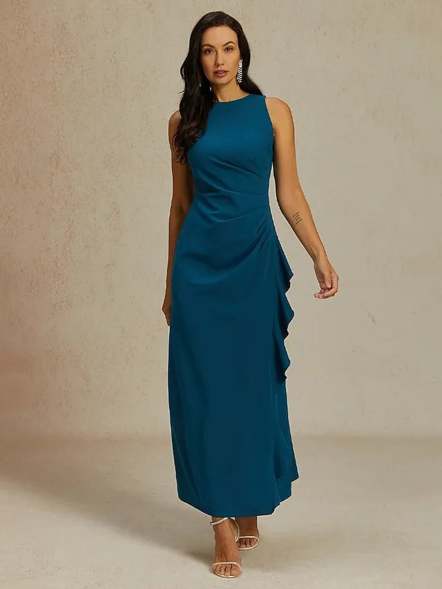 Blue Crew Neck Sleeveless Ruffled Dusty Maxi Prom Dress