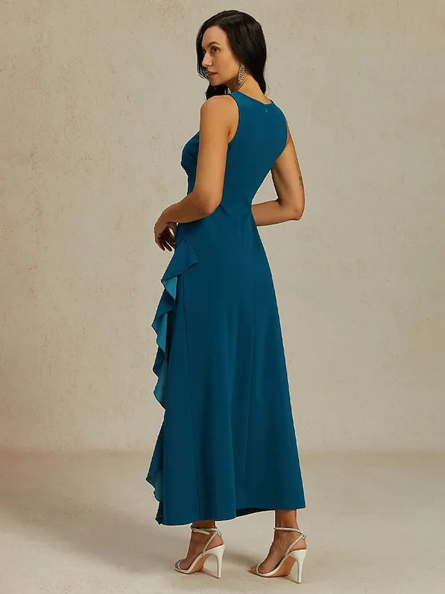 Blue Crew Neck Sleeveless Ruffled Dusty Maxi Prom Dress