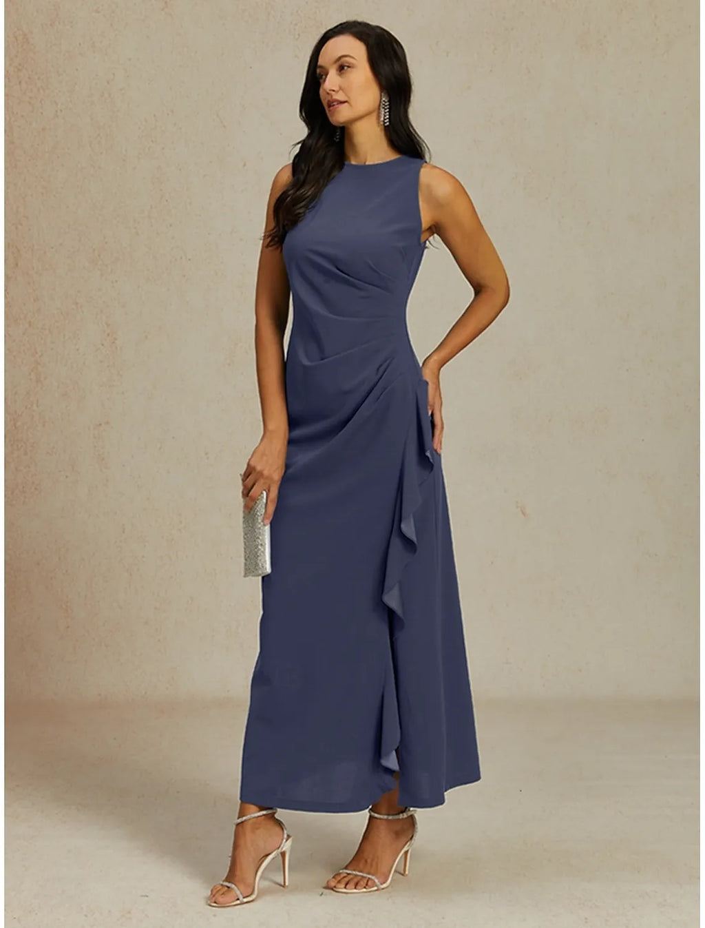 Blue Crew Neck Sleeveless Ruffled Dusty Maxi Prom Dress
