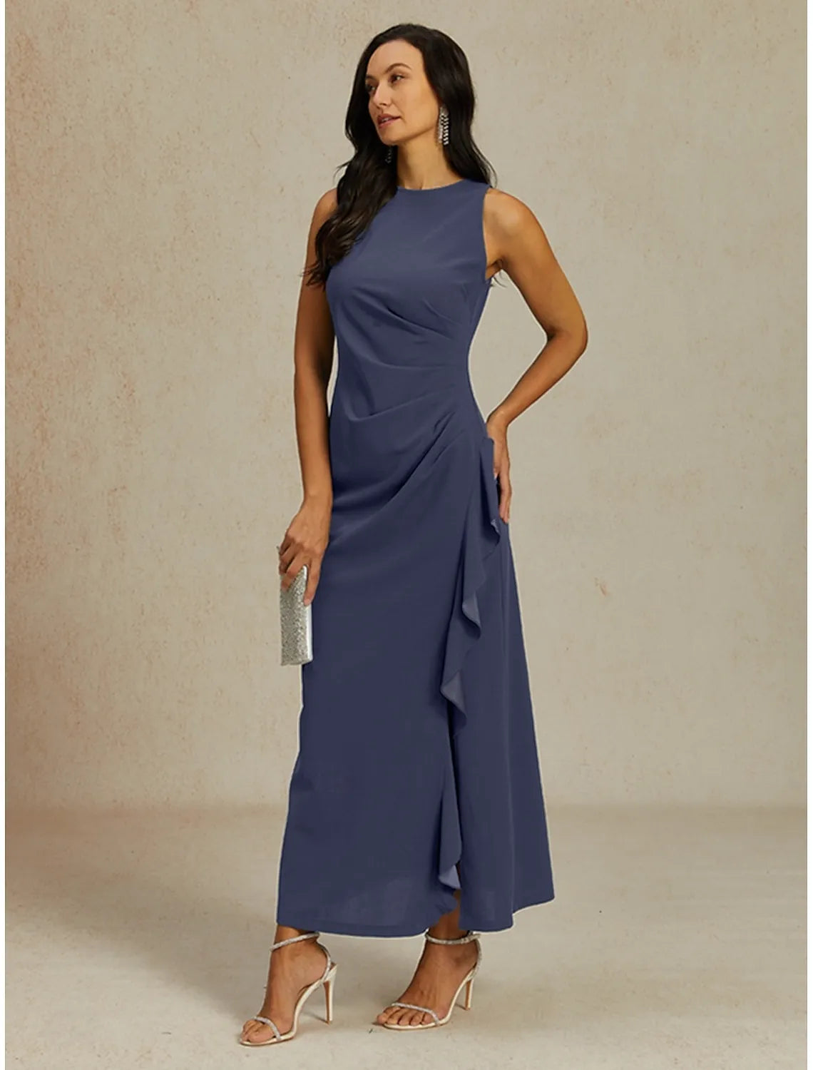 Blue Crew Neck Sleeveless Ruffled Dusty Maxi Prom Dress