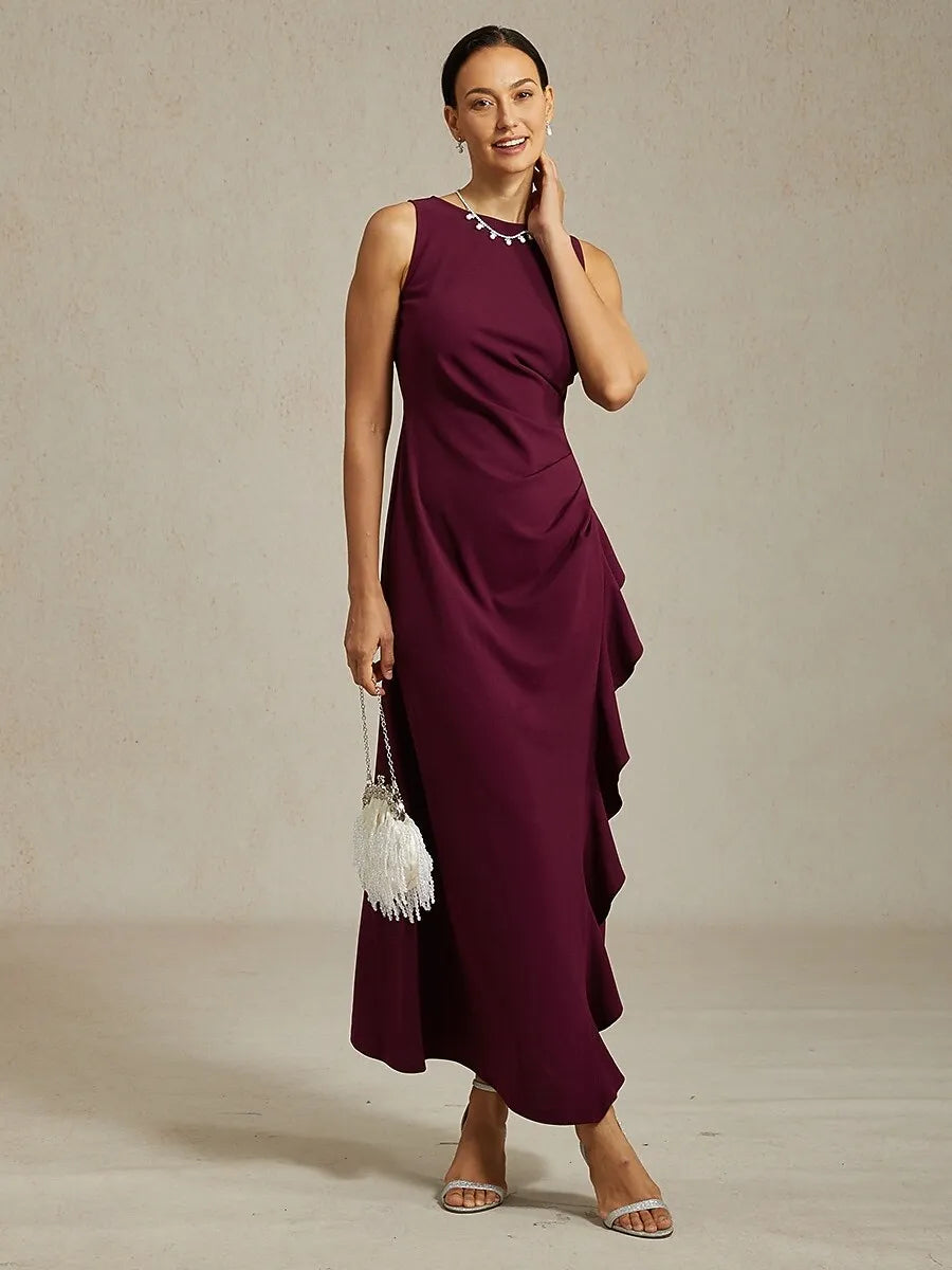 Blue Crew Neck Sleeveless Ruffled Dusty Maxi Prom Dress