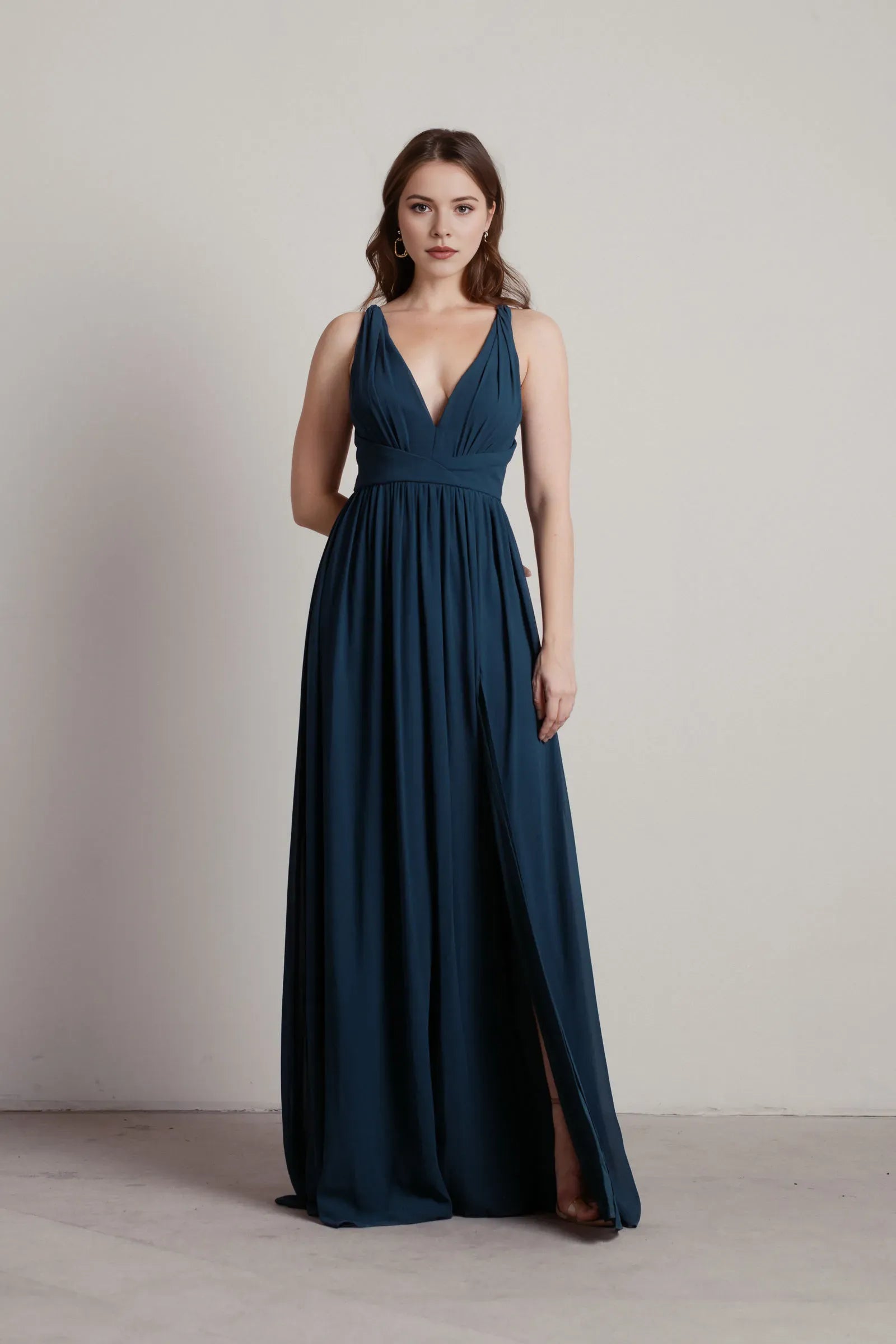 Deep V-Neck Sleeveless Crisscross Back Up High-Slit Floor-Length Prom Dresses