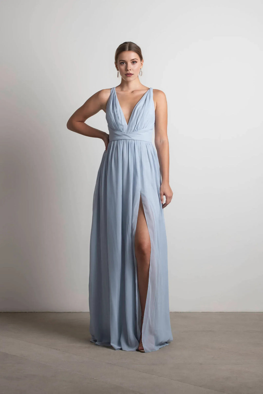 Deep V-Neck Sleeveless Crisscross Back Up High-Slit Floor-Length Prom Dresses