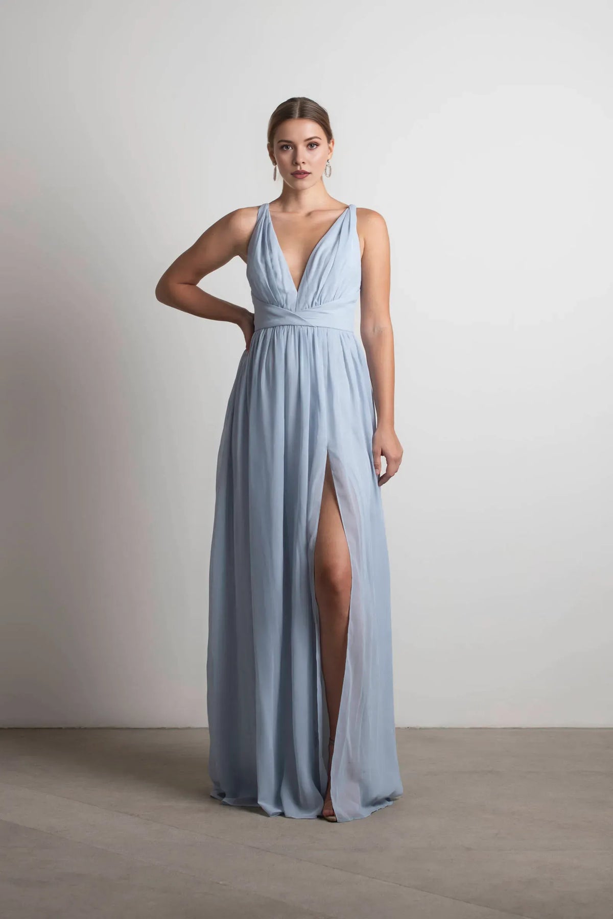 Deep V-Neck Sleeveless Crisscross Back Up High-Slit Floor-Length Prom Dresses
