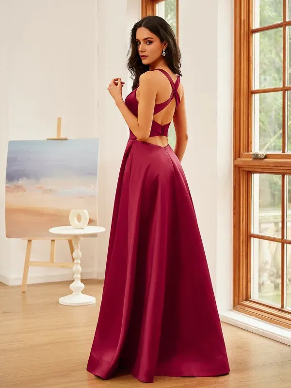 Deep V-Neck Sleeveless Cross-Back Floor-Length Ruffles Prom Dresses with Slit