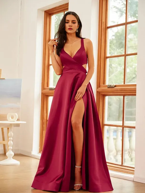 Deep V-Neck Sleeveless Cross-Back Floor-Length Ruffles Prom Dresses with Slit