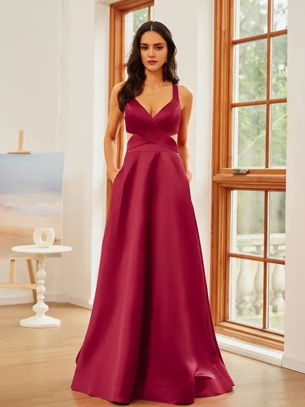 Deep V-Neck Sleeveless Cross-Back Floor-Length Ruffles Prom Dresses with Slit