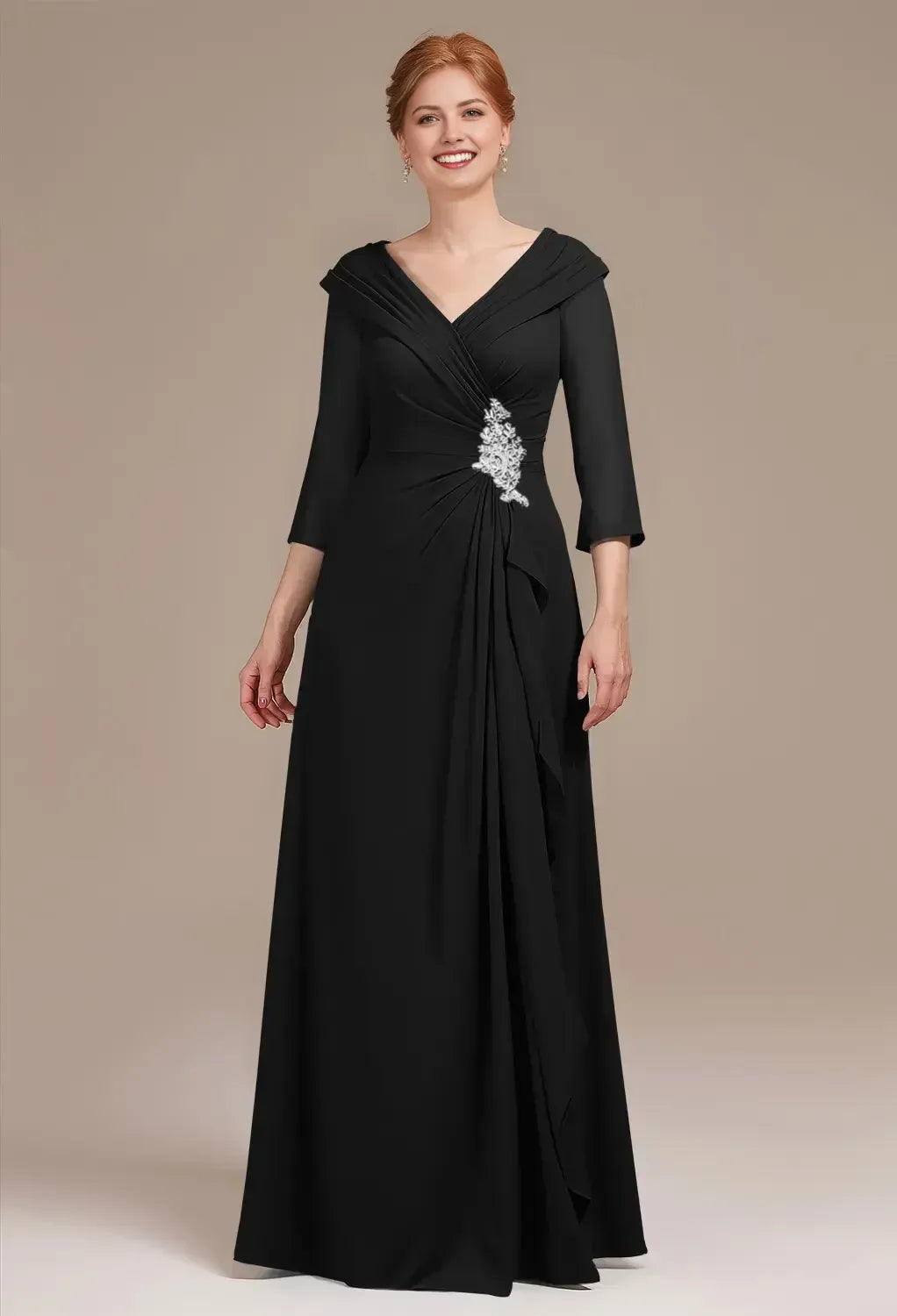 Deep V Neck Half Sleeve Zipper Back Floor Length Appliques Beading Mother Of The Bride Dresses